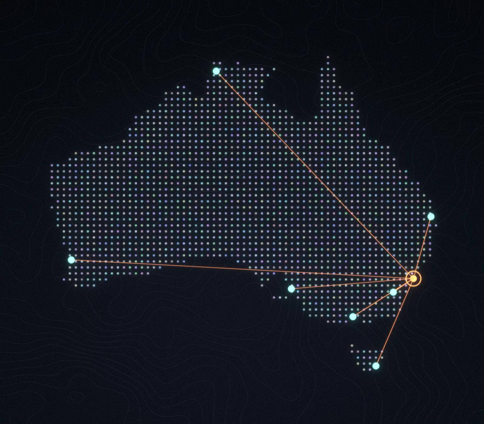 Dot-matrix map of Australia with Sydney connected to each capital city